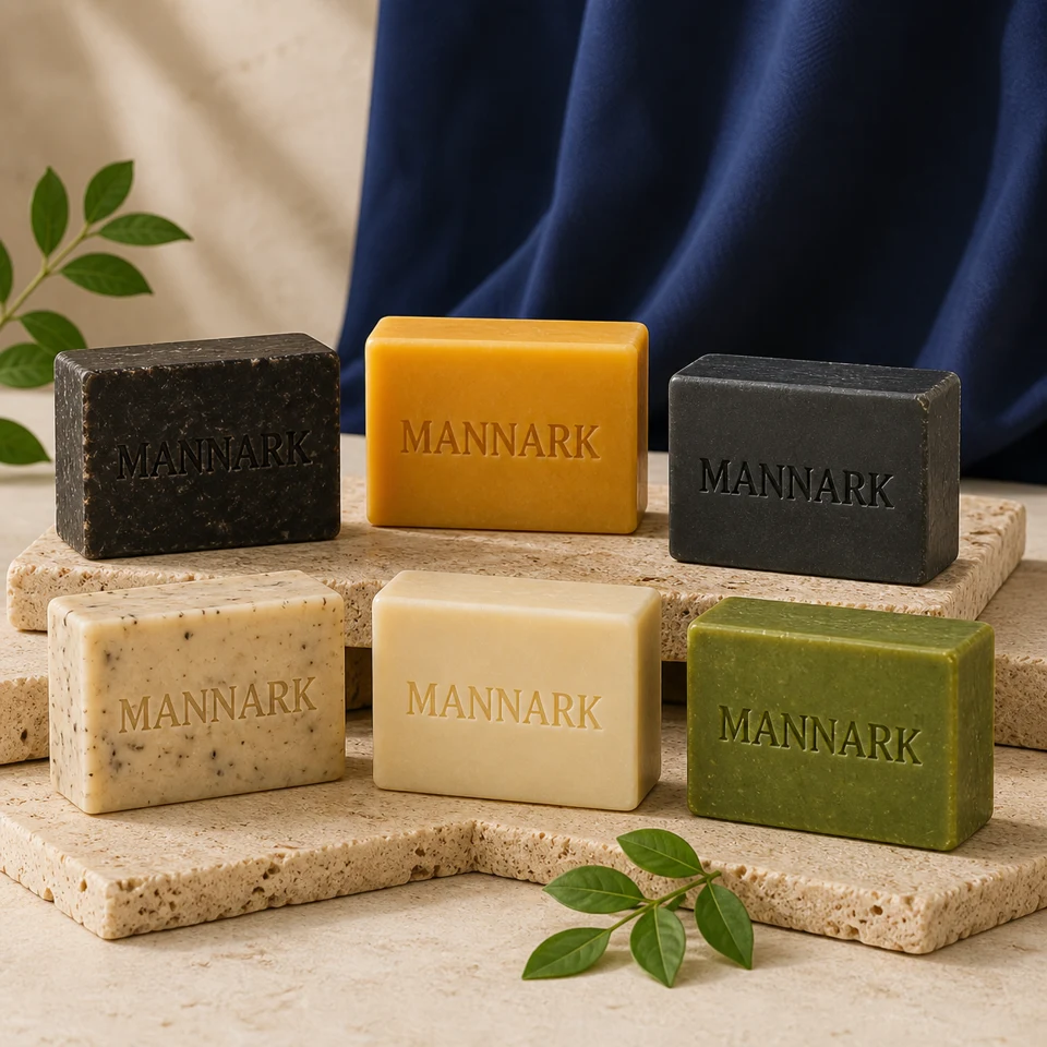 The full MANNARK range of soap bars arranged on natural stone