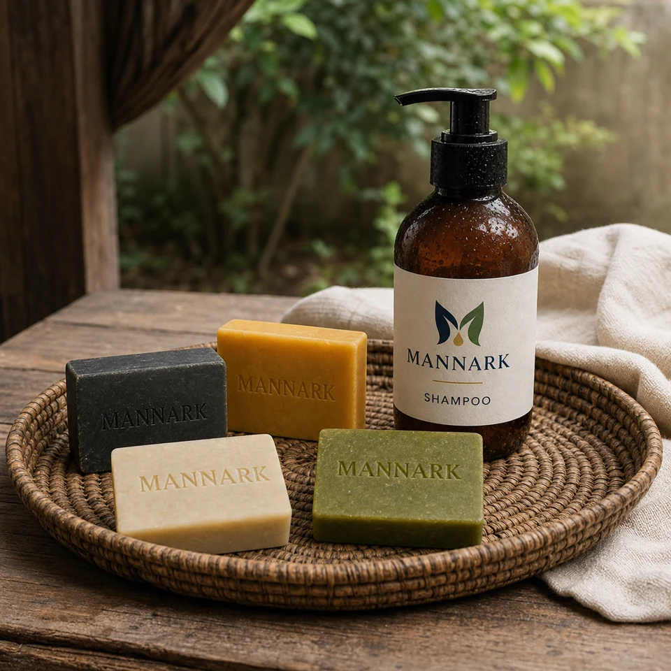 MANNARK soap bars with a shampoo bottle on a woven tray