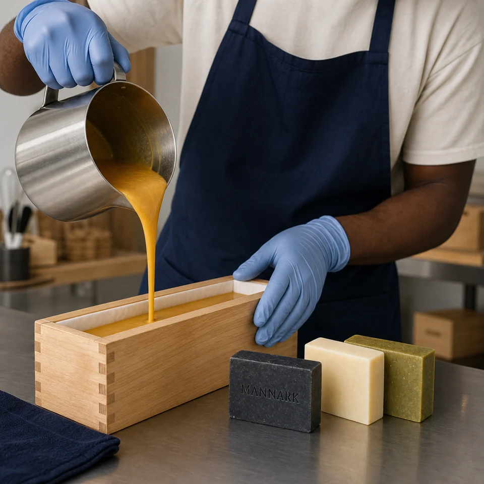 Handcrafting MANNARK soap by pouring into a wooden mould