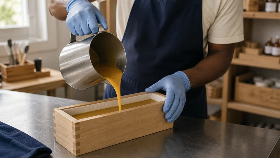 Pouring liquid soap mixture into a wooden mould