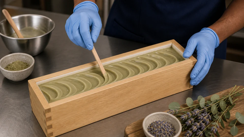 Swirling herbal soap batter with lavender and eucalyptus
